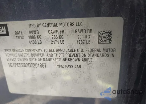 2013 Chevrolet Cruze 2Lt Auto z USA, uszkodzony, nr VIN 1G1PE5SB2D7201867